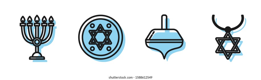Set line Hanukkah dreidel, Hanukkah menorah, Jewish coin and Star of David necklace on chain icon. Vector