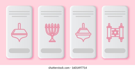 Set line Hanukkah dreidel, Hanukkah menorah, Hanukkah dreidel and Torah scroll. White rectangle button. Vector