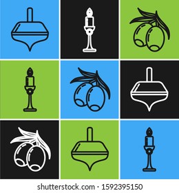 Set line Hanukkah dreidel, Olives branch and Burning candle in candlestick icon. Vector