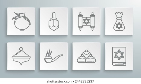 Set line Hanukkah dreidel, Smoking pipe with smoke, Jewish sweet bakery, torah book, Torah scroll, money bag star of david and Pomegranate icon. Vector