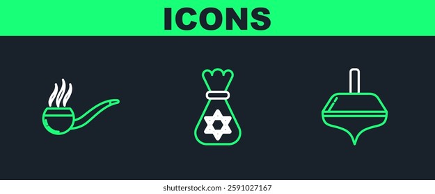 Set line Hanukkah dreidel, Smoking pipe with smoke and Jewish money bag star of david icon. Vector