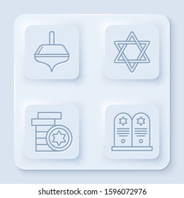Set line Hanukkah dreidel, Star of David, Jewish coin and Tombstone with star of david. White square button. Vector