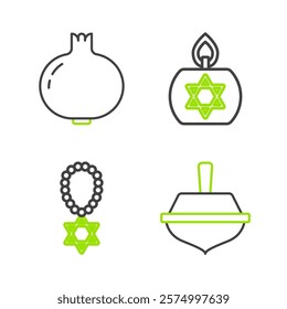 Set line Hanukkah dreidel, Star of David necklace on chain, Burning candle and Pomegranate icon. Vector