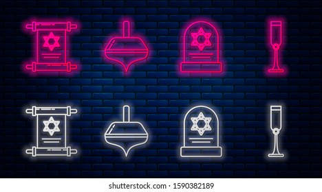 Set line Hanukkah dreidel, Tombstone with star of david, Torah scroll and Jewish goblet. Glowing neon icon on brick wall. Vector