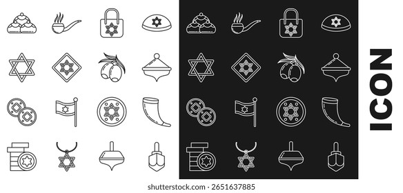 Set line Hanukkah dreidel, chifre de carneiro tradicional, shofar, Saco de compras com estrela david, Star David, padaria doce judaica e ícone do ramo de azeitonas. Vetor