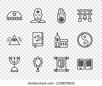 Set line Hanukkah menorah, The commandments, Jainism Jain Dharma, Rosary beads religion, Jewish kippah with star of david, Holy book Koran, Decree, paper, parchment, scroll and Yin Yang icon. Vector