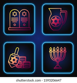 Set line Hanukkah menorah, Hanukkah dreidel and coin, Tombstone with star of david and Decanter with star of david. Gradient color icons. Vector