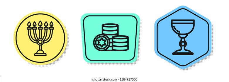 Set line Hanukkah menorah, Jewish coin and Jewish goblet. Colored shapes. Vector