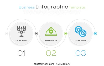 Set line Hanukkah menorah, Jewish kippah with star of david and Jewish coin. Business infographic template. Vector