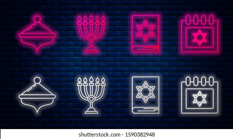 Set line Hanukkah menorah, Jewish torah book, Hanukkah dreidel and Jewish calendar with star of david. Glowing neon icon on brick wall. Vector