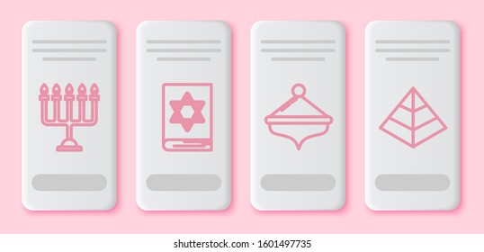 Set line Hanukkah menorah, Jewish torah book, Hanukkah dreidel and Egypt pyramids. White rectangle button. Vector