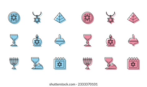 Set line Hanukkah menorah, Jewish goblet and hanukkah sufganiyot, coin, calendar with star of david, Burning candle candlestick, dreidel,  and Star David necklace on chain icon. Vector