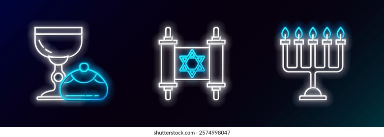 Set line Hanukkah menorah, Jewish goblet and hanukkah sufganiyot and Torah scroll icon. Glowing neon. Vector