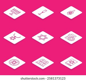 Set line Hanukkah menorah, Jewish goblet, dreidel, Star of David necklace on chain, coin,  and Tombstone with star david icon. Vector