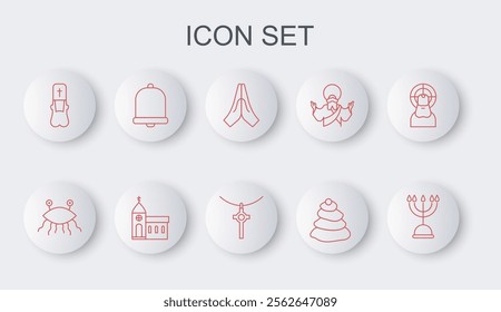 Set line Hanukkah menorah, Pastafarianism, Hands in praying position, Stack hot stones, Priest, Church bell, building and Christian cross chain icon. Vector