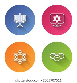 Set line Hanukkah menorah, Star of David,  and Jewish sweet bakery. Color circle button. Vector