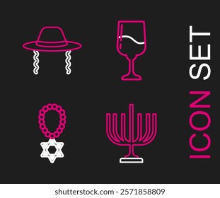 Set line Hanukkah menorah, Star of David necklace on chain, Jewish goblet and Orthodox jewish hat icon. Vector