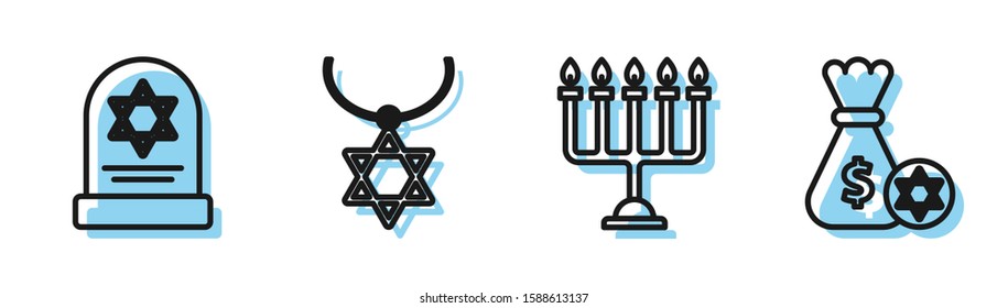 Set line Hanukkah menorah, Tombstone with star of david, Star of David necklace on chain and Jewish money bag with star of david and coin icon. Vector