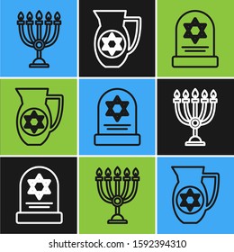 Set line Hanukkah menorah, Tombstone with star of david and Decanter with star of david icon. Vector
