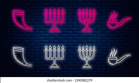 Set line Hanukkah menorah, Hanukkah menorah, Traditional ram horn, shofar and Smoking pipe with smoke. Glowing neon icon on brick wall. Vector