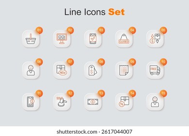 Set line Happy customer, Cardboard box with discount, Stacks paper money cash, Auction hammer, Mobile dollar, Free delivery service, Wish list template and Price tag icon. Vector