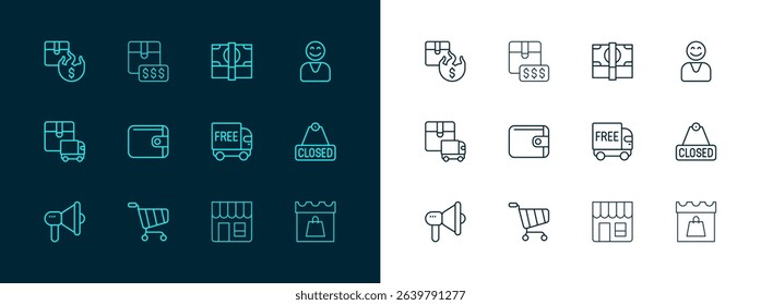 Set line Happy customer, Shopping cart, Free delivery service, Market store, Wallet, Stacks paper money cash, Hot price and Item tag with dollar icon. Vector