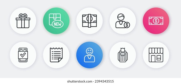 Set line Happy customer, Stacks paper money cash, Mobile shopping, POS terminal, Buyer, Market store and Wish list template icon. Vector