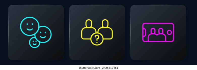 Set line Happy friendship day, Selfie on mobile and Complicated relationship. Black square button. Vector