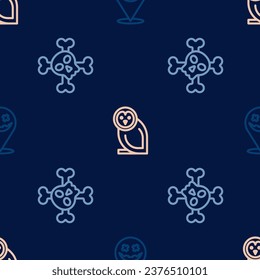 Set line Happy Halloween holiday, Skull on crossbones and Owl bird on seamless pattern. Vector