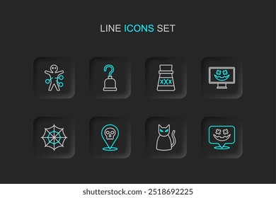 Set line Happy Halloween holiday, Black cat, Skull, Spider web, Bottle with potion, Pirate hook and Voodoo doll icon. Vector