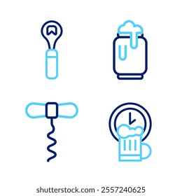 Set line Happy hour, Wine corkscrew, Beer can with foam and Bottle opener icon. Vector