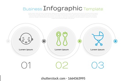 Set line Happy little boy head, Baby cutlery with fork and spoon and Baby stroller. Business infographic template. Vector