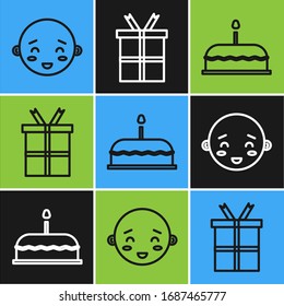 Set line Happy little boy head, Cake with burning candles and Gift box icon. Vector