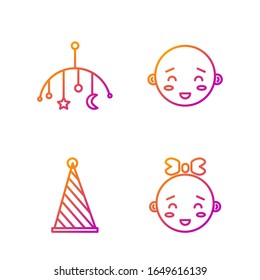 Set line Happy little girl head  Party hat  Baby crib hanging toys   Happy little boy head  Gradient color icons  Vector