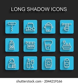 Set line Happy man with beer, Beer bottle and glass, Wine corkscrew, can, Street signboard, Conveyor band, and belly icon. Vector