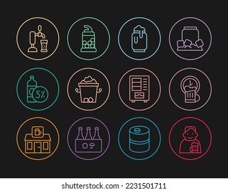 Set line Happy man with beer, hour, Beer can foam, Ice bucket, bottle, tap glass, Vending machine and Bottle opener icon. Vector