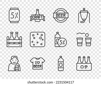 Set line Happy man with beer, Pack of bottles, Bottle cap, Beer T-shirt, can, bubbles, Plastic and pong game icon. Vector