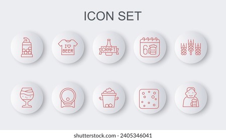 Set line Happy man with beer, Glass of, Beer bottle, bubbles, Bottle opener, T-shirt, Wooden barrel on rack and Ice bucket icon. Vector