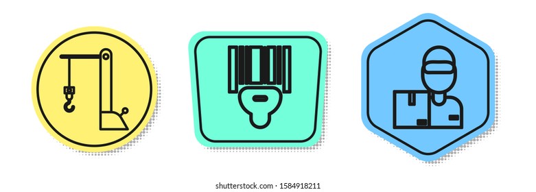 Set line Harbor port crane, Scanner scanning bar code  and Delivery man with cardboard boxes . Colored shapes. Vector