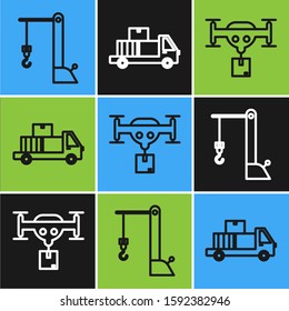 Set line Harbor port crane, Delivery drone with the package  and Delivery truck with cardboard boxes icon. Vector