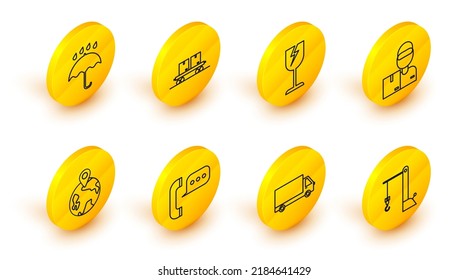 Set line Harbor port crane, Telephone with speech bubble chat, Worldwide, man cardboard boxes, Fragile broken glass symbol, Railway carriage and Umbrella and rain drops icon. Vector