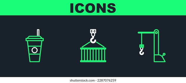 Set line Harbor port crane, Coffee cup and Container on icon. Vector