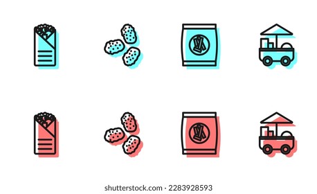 Set line Hard bread chucks crackers, Doner kebab, Chicken nuggets and Fast street food cart icon. Vector