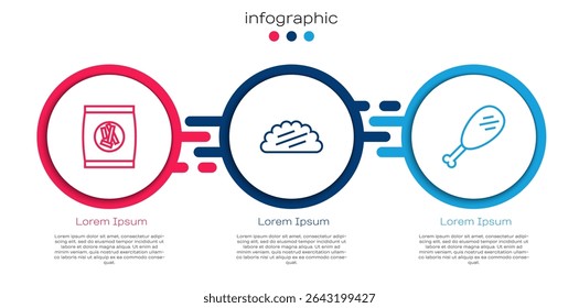 Set line Hard bread chucks crackers, Taco with tortilla and Chicken leg. Business infographic template. Vector