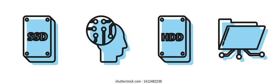 Set line Hard disk drive HDD, SSD card, Human brain as digital circuit board and Folder and lock icon. Vector