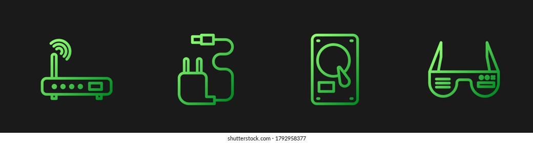Set line Hard disk drive HDD, Router and wi-fi signal, Charger and Smart glasses. Gradient color icons. Vector