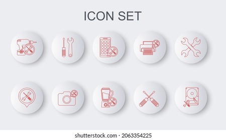 Set line Hard disk drive service, Location, Mobile Apps, Crossed screwdrivers, Drill machine, Screwdriver and wrench, Photo camera and Blender icon. Vector