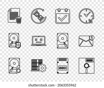 Set line Hard disk drive HDD sync refresh, Floppy in the 5.25-inch, Calendar with check mark, Server setting, Delete file document, Dead laptop, SSD card and New, email incoming message icon. Vector