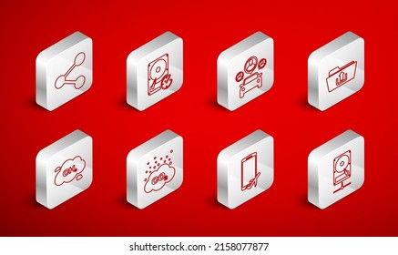 Set line Hard disk drive on sharing network, with clockwise, Car, Folder upload, Flight mode the mobile, Share, CO2 emissions cloud and Methane reduction icon. Vector