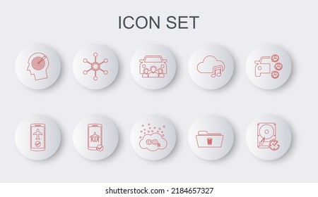 Set line Hard disk drive with clockwise, Flight mode in the mobile, Car sharing, Delete folder, Head hunting concept, Network,  and CO2 emissions cloud icon. Vector